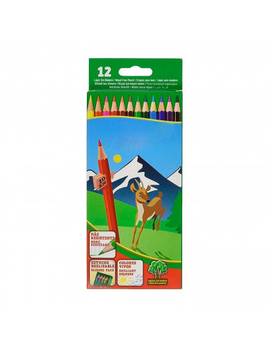 Tradineur - Caja de 12 lápices de colores - Forma hexagonal - Material escolar - Colores vivos - Ideal para colorear y dibujar.