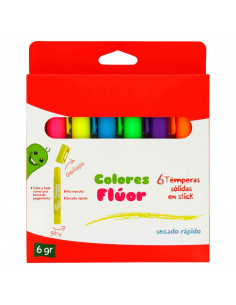 Tradineur - Caja de témperas sólidas en stick en color fluor - 6 Colores Diferentes - Acabado cera y tempera - Ideal para los ni