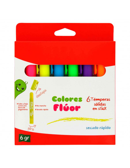 Tradineur - Caja de témperas sólidas en stick en color fluor - 6 Colores Diferentes - Acabado cera y tempera - Ideal para los ni