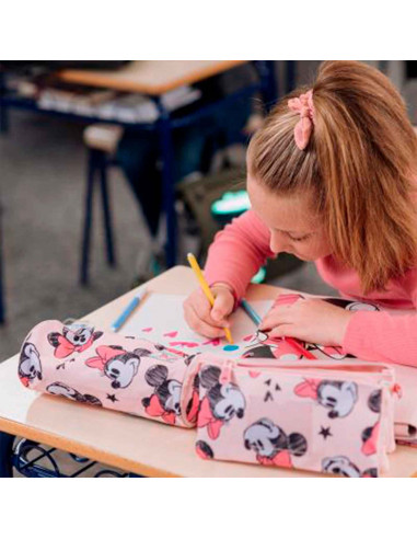Tradineur - Estuche circular para el curso escolar de Minnie Mouse con varias caras de Minnie y cierre de cremallera. Medidas 23