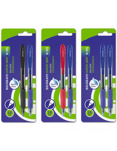 Tradineur - Pack de 2 bolígrafos con punta de bola de 1 mm y grip ergonómico, tinta líquida, escritura suave y precisa, uso esco
