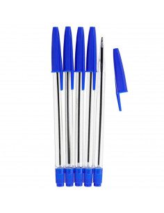 Tradineur - Pack 5 bolígrafos básicos con punta de bola de 1 mm, diseño clásico, escritura suave y precisa, uso escolar, oficina