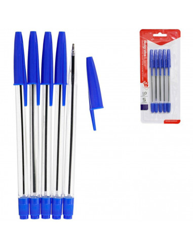 Tradineur - Pack 5 bolígrafos básicos con punta de bola de 1 mm, diseño clásico, escritura suave y precisa, uso escolar, oficina