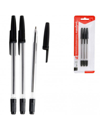 Tradineur - Pack de 3 bolígrafos básicos con punta de bola de 1 mm, diseño clásico, escritura suave y precisa, uso escolar, ofic