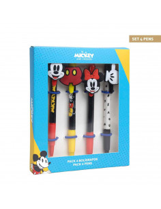 Tradineur - Pack de 4 boligrafos de Mickey Mouse con tinta en color negro, diseños distintos y alegres con gomas para intercambi