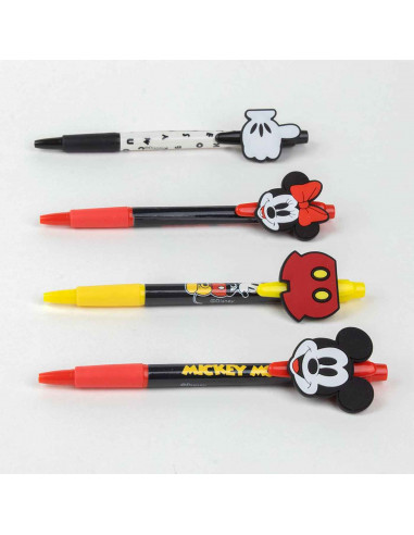 Tradineur - Pack de 4 boligrafos de Mickey Mouse con tinta en color negro, diseños distintos y alegres con gomas para intercambi