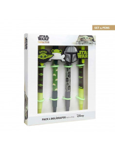 Tradineur - Pack de 4 boligrafos de Star Wars con tinta en color negro, diseños distintos y alegres con gomas para intercambiar.
