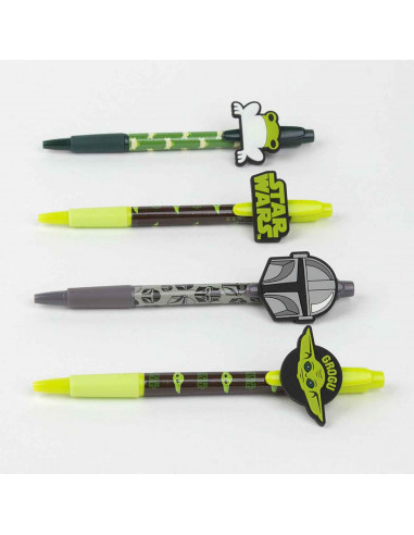 Tradineur - Pack de 4 boligrafos de Star Wars con tinta en color negro, diseños distintos y alegres con gomas para intercambiar.