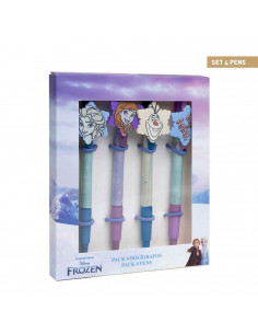 Tradineur - Pack de 4 boligrafos de Frozen con tinta en color negro, diseños distintos y alegres con gomas para intercambiar. Me
