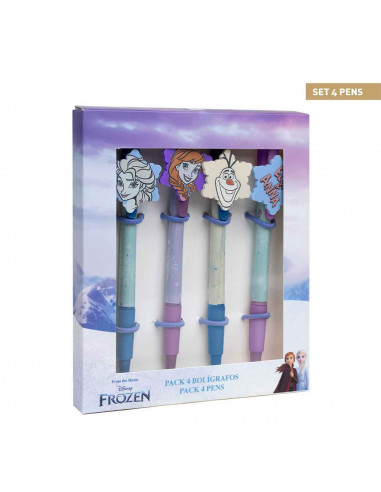Tradineur - Pack de 4 boligrafos de Frozen con tinta en color negro, diseños distintos y alegres con gomas para intercambiar. Me