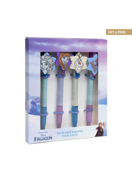 Tradineur - Pack de 4 boligrafos de Frozen con tinta en color negro, diseños distintos y alegres con gomas para intercambiar. Me