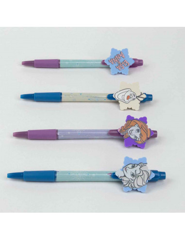 Tradineur - Pack de 4 boligrafos de Frozen con tinta en color negro, diseños distintos y alegres con gomas para intercambiar. Me