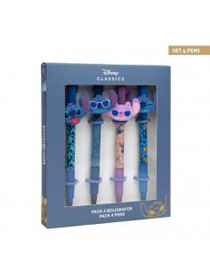 Tradineur - Pack de 4 boligrafos de Lilo & Stitch con tinta en color negro, diseños distintos y alegres con gomas para intercamb