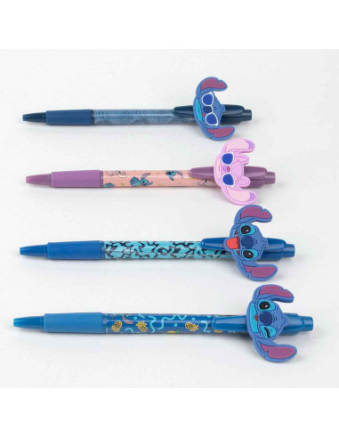 Tradineur - Pack de 4 boligrafos de Lilo & Stitch con tinta en color negro, diseños distintos y alegres con gomas para intercamb