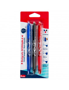 Tradineur - Pack de 3 bolígrafos borrables de colores, punta retráctil de 0,7 mm y grip de goma, escritura suave y precisa, uso