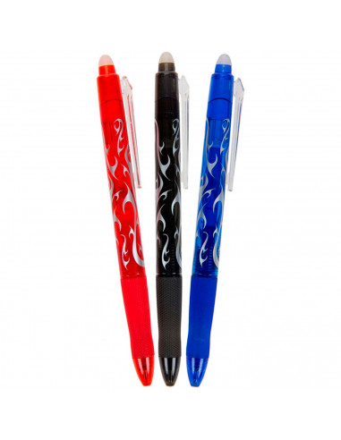 Tradineur - Pack de 3 bolígrafos borrables de colores, punta retráctil de 0,7 mm y grip de goma, escritura suave y precisa, uso
