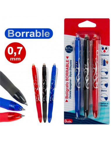 Tradineur - Pack de 3 bolígrafos borrables de colores, punta retráctil de 0,7 mm y grip de goma, escritura suave y precisa, uso