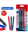 Tradineur - Pack de 3 bolígrafos borrables de colores, punta retráctil de 0,7 mm y grip de goma, escritura suave y precisa, uso