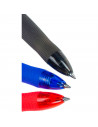 Tradineur - Pack de 3 bolígrafos borrables de colores, punta retráctil de 0,7 mm y grip de goma, escritura suave y precisa, uso