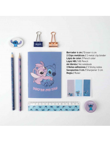 Tradineur - Set de papelería escolar de Lilo & Stitch con estuche, libreta, 2 lápices, afila lápiz, goma de borrar, regla, marca