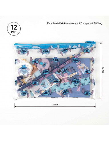 Tradineur - Set de papelería escolar de Lilo & Stitch con estuche, libreta, 2 lápices, afila lápiz, goma de borrar, regla, marca