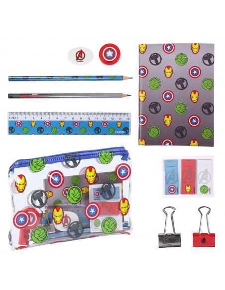 Tradineur - Set de papelería escolar de los Vengadores con estuche, libreta, 2 lápices, afila lápiz, goma de borrar, regla, marc