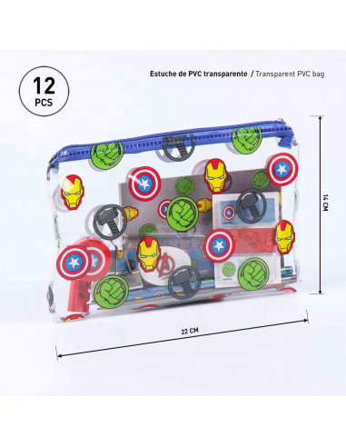 Tradineur - Set de papelería escolar de los Vengadores con estuche, libreta, 2 lápices, afila lápiz, goma de borrar, regla, marc