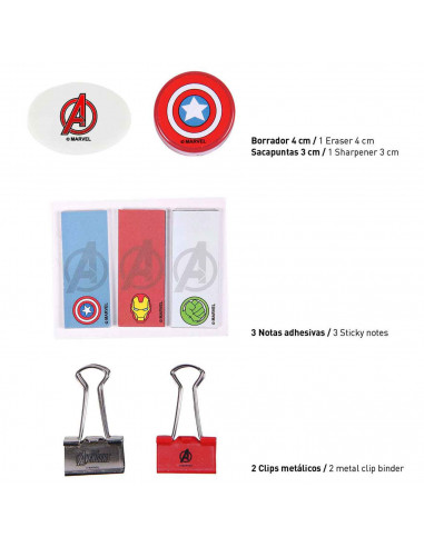 Tradineur - Set de papelería escolar de los Vengadores con estuche, libreta, 2 lápices, afila lápiz, goma de borrar, regla, marc