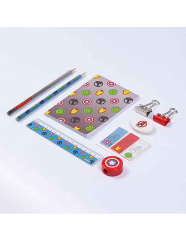 Tradineur - Set de papelería escolar de los Vengadores con estuche, libreta, 2 lápices, afila lápiz, goma de borrar, regla, marc