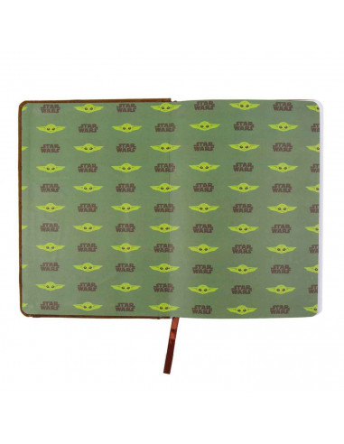 Tradineur - Cuaderno de piel A5 de Star Wars con baby Yoda, color marrón ideal para tomar notas, para la escuela... Medidas 20,7