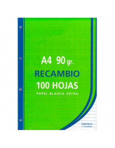 Tradineur - Pack de 100 hojas rayadas A4 perforadas con margen, recambio hojas sueltas para archivador, 4 taladros, papel 90 g,