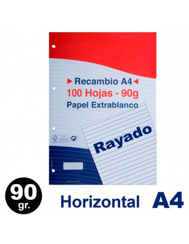 Tradineur - Pack de 100 hojas rayadas A4 perforadas con margen, recambio hojas sueltas para archivador, 4 taladros, papel 90 g,