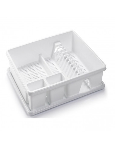 Tradineur - Escurreplatos rectangular de plástico con bandeja para agua, de 9 x 48 x 38 cm de color blanco. Escurridera para hog