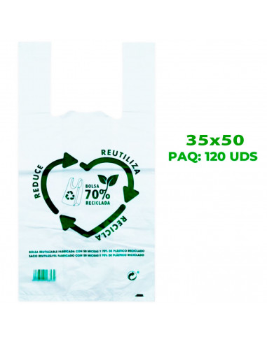 Tradineur - Pack de 120 bolsas tipo camiseta de plástico, reutilizables, gran resistencia, cumplen normativa, aptas para uso ali