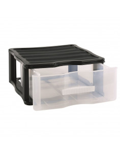 Cajonera wagon de plástico negro 1 cajón transparente 17 x 37 x 39,3 cm. Contenedor de plástico para folios especial para oficin