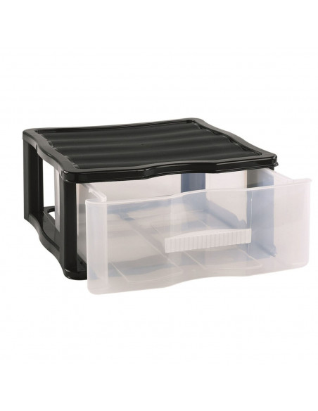 Cajonera wagon de plástico negro 1 cajón transparente 17 x 37 x 39,3 cm. Contenedor de plástico para folios especial para oficin Cajonera wagon de plástico negro 1 cajón transparente 17 x 37 x 39,3 cm. Contenedor de plástico para folios especial para oficin