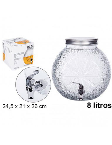 Tradineur - Tarro dispensador con grifo - Diseño de naranja de cristal - Capacidad de 8 Litros - Recipiente para servir agua, be