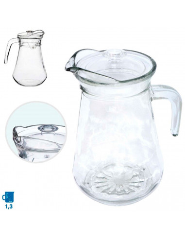 Tradineur - Jarra de cristal para agua con tapa de plástico, servir bebidas frías, limonada, té helado, frigorífico, nevera, hog