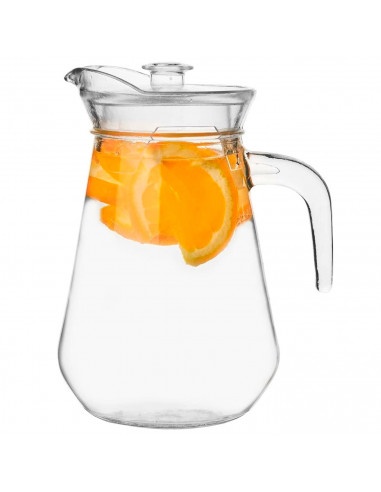 Tradineur - Jarra de cristal para agua con tapa de plástico, servir bebidas frías, limonada, té helado, frigorífico, nevera, hog