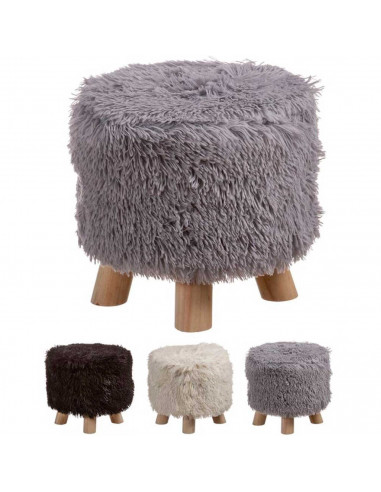 Tradineur - Apoya pies redondo con pelo sintético y 4 patas de madera, reposapiés, taburete con asiento acolchado, funda extraíb