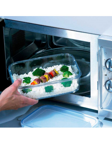 Tradineur - Fiambrera hermética de vidrio, tapa de plástico con abertura, recipiente para alimentos, apta para microondas y lava