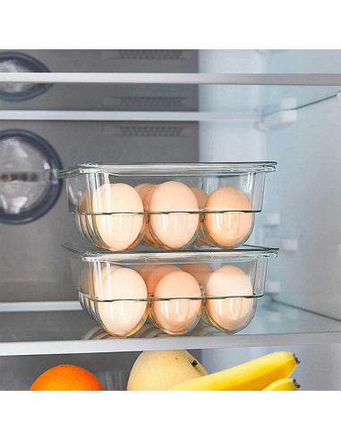 Tradineur - Huevera rectangular de plástico transparente, recipiente para 12 huevos, almacenamiento de cocina, fabricada en Espa