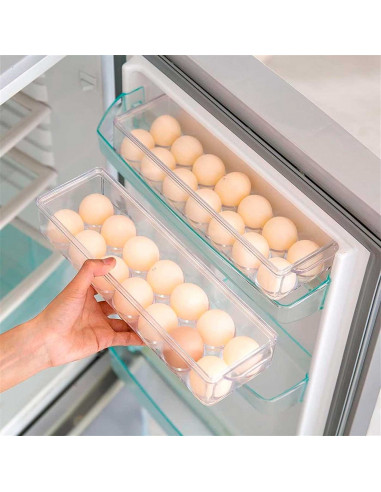 Tradineur - Huevera rectangular, plástico transparente, recipiente para 14 huevos, almacenamiento de cocina, 11,5 x 37 x 8 cm