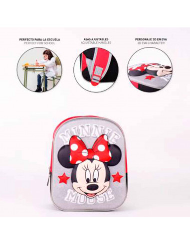 Tradineur - Mochila 3D para niños con diseño de Minnie Mouse, ideal para la escuela. Medidas de 25 x 31 x 10 cm para colgar en l