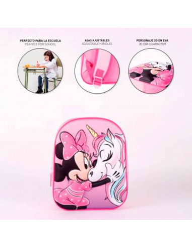 Tradineur - Mochila 3D rosa para niños con diseño de Minnie Mouse, ideal para la escuela. Medidas de 25 x 31 x 10 cm para colgar