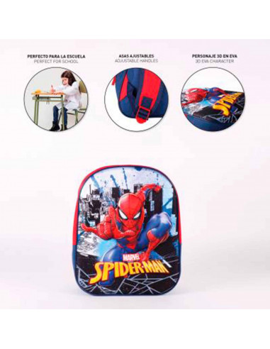 Tradineur - Mochila azul y roja para niños en 3D con diseño de Spiderman, ideal para la escuela. Medidas de 25 x 31 x 10 cm para