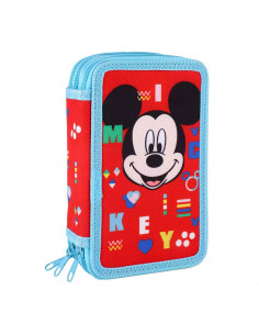 Tradineur- Plumier de Mickey Mouse, ideal para la escuela, de color azul y rojo, con 44 piezas entre boligrafos, rotuladores, la