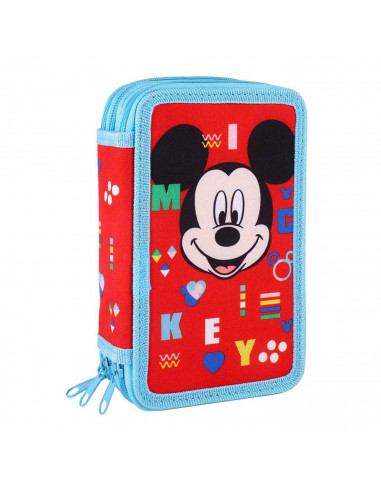 Tradineur- Plumier de Mickey Mouse, ideal para la escuela, de color azul y rojo, con 44 piezas entre boligrafos, rotuladores, la