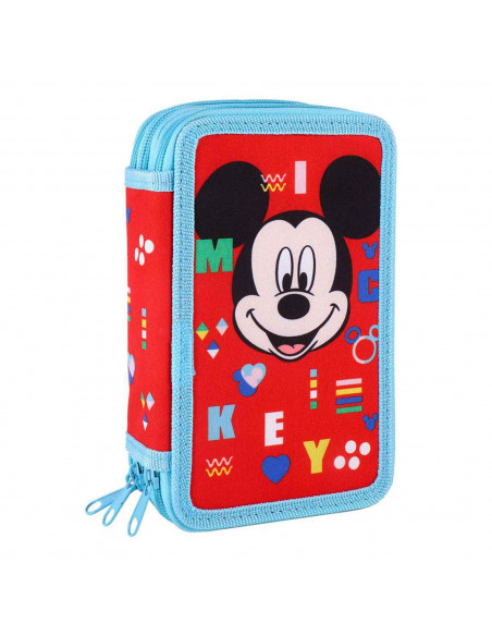 Tradineur- Plumier de Mickey Mouse, ideal para la escuela, de color azul y rojo, con 44 piezas entre boligrafos, rotuladores, la