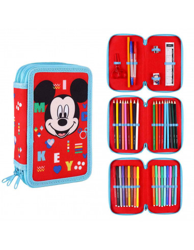 Tradineur- Plumier de Mickey Mouse, ideal para la escuela, de color azul y rojo, con 44 piezas entre boligrafos, rotuladores, la
